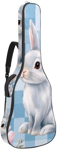 KengjuTesu 43 Zoll Akustikgitarre Softcase mit Rucksackgurt und 2 Taschen Blau Osterhase Blumen Keine Polsterung Rucksack Wasserdicht Oxford Tuch Bassgitarre Gigbag für Konzertgitarre, mehrfarbig,