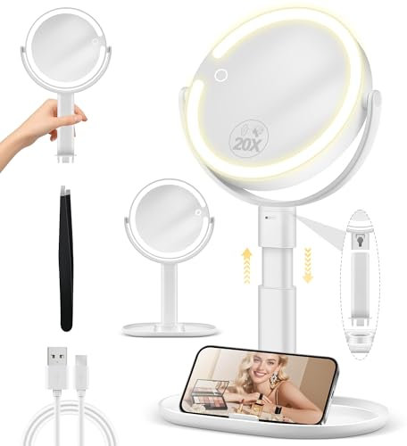 MOMOKUBA Makeup Mirror with Light, 30X Magnifying & Height Adjustable, Magnifying Mirror with Light 3 Lighting Modes and Stepless Dimming, Vanity Mirrors for Bathroom, Birthday Gift for Women, White