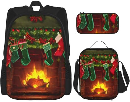 OXKGHHO Juego de mochila de trabajo con estampado de Feliz Navidad con lonchera aislada, correas ajustables, para gimnasio y uso diario, Negro -, Talla única