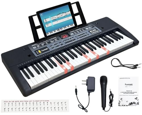 Funtaki Teclado de piano eléctrico de 61 teclas con teclas iluminadas, teclados sintetizadores portátiles digitales con soporte, mini teclado de música para principiantes, niños y adultos Negro