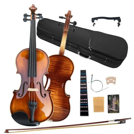 WUQIMUSC Geige aus geflammtem Ahorn, 4/4 Violinen-Set für Anfänger, Studenten, Erwachsene, aus massivem Holz, handgefertigt, mit Ebenholzzubehör, Hartschalenkoffer, Schulterstütze, Bogen, Saiten