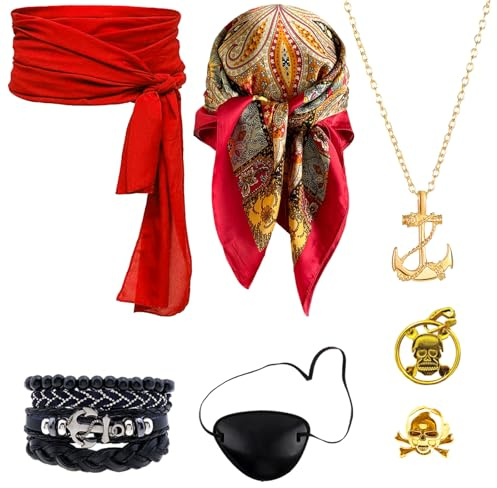 AUNGCSHE 7PCS Mittelalter Pirate Accessories, Piratenkostüm Damen und Herren Es Gibt Hüfttuch, Kopftuch, Augenmaske, Halskette, Ohrringe, Ring, Armband, für Halloween Cosplay Party