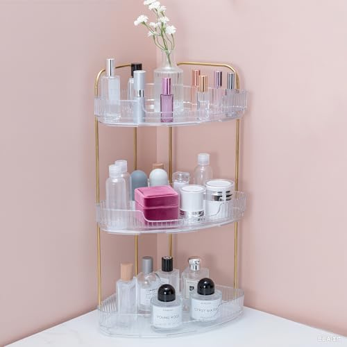 VINATO Organisateur Coin 3 Niveaux 90° - Rangement Maquillage, Soins & Épices sans Perçage - Étagère Polyvalente pour Salle de Bain, Cuisine, Chambre Transparent