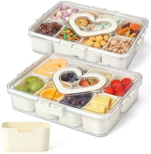Savorella 2 Pcs Portable Picnic Parties Fruit Tray,8 Compartment Fridge Food Veggie Condiment Divided Serving Preservation Storage Containers,Clear Snackle Box Candy Organizer with Lid Handle