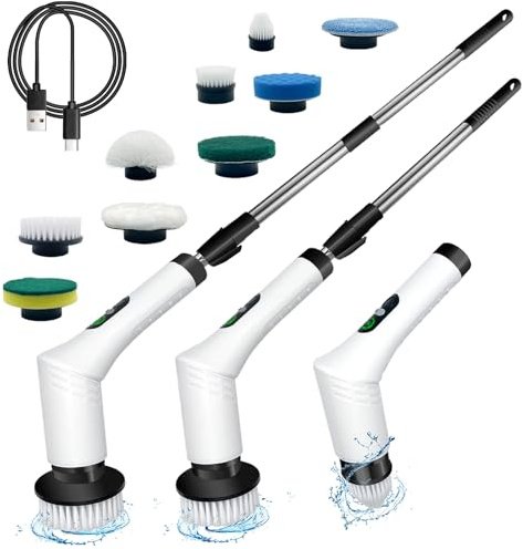 Spin Scrubber, 9-in-1 Multifunctional Electric Cleaning Brush with Detachable Handle, 9 Replaceable Brush Heads & LCD Display, Rechargeable for Bedroom, Bathroom, Kitchen, Car