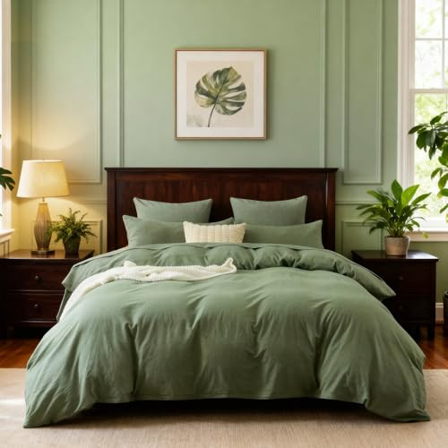 Aerzosty Bettwäsche 135x200 Baumwolle – Gewaschene Baumwolle, Leinenoptik, Unglaublich Weich und Angenehm auf der Haut, Atmungsaktiv, Länger hält, Oeko-Tex-Zertifiziert – Salbeigrün