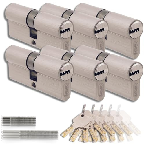Set di 6 Cilindri a Doppia Serratura in Ottone 30/30mm con Chiave Unica, 30 Chiavi Incluse, 12 Viti, Serrature Universali per Porte e Garage, Lunghezza 60mm, Montaggio Facile