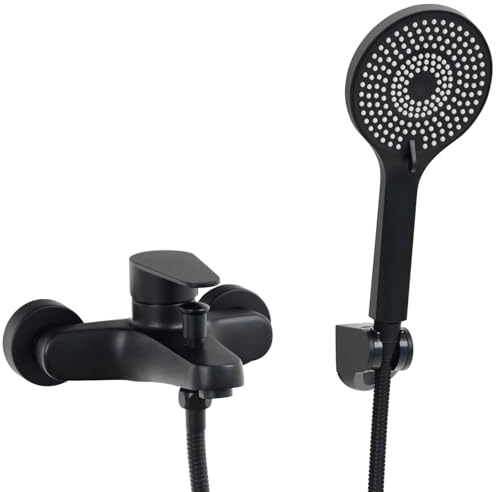 SHANFO Robinet de Baignoire avec Douchette, Mitigeur Baignoire Monocommande, Mitigeur Bain Douche Mural, Noir, N-2Y3OK