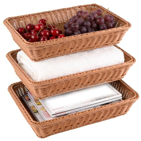 Set of 3 Polyethylene Imitation Rattan Bread Baskets, 40x30x8cm Woven Fruit Baskets for Food Display, Serving,Vegetables, Storage Basket for Kitche, Dining, Outdoor, Brown Rectangular
