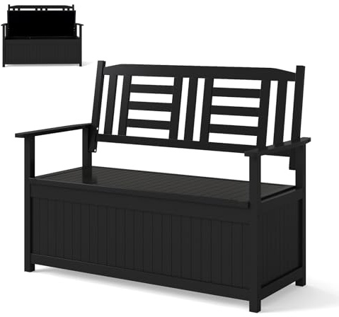 COSTWAY Gartenbank Holz mit Stauraum, wetterfeste Truhenbank, 2-Sitzer Holzbank mit integrierter Kissenbox, Balkonbank, Sitzbank für Garten, Balkon, Terrasse, 123 x 68,5 x 96 cm (Schwarz)