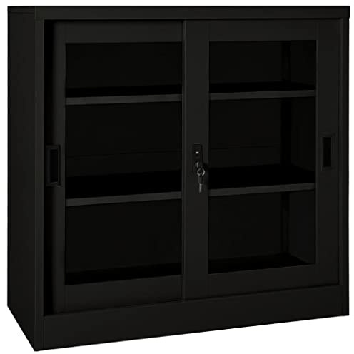 Generic Skjutdörrsskåp, Vit 90x40x90 Cm Stål, med 2 Ställbara Hyllor, Lås, för Kontorsförvaring (Svart)
