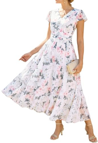 GRACE KARIN Women's Summer V-Neck Floral Dress with Pockets Ruffle Sleeves A-Line Fitted Waist Dresses