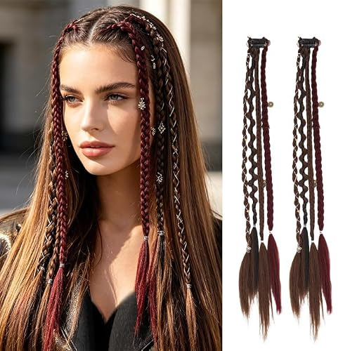 2 Stück Clip in Zöpfe 50 cm (ca. 19,7 Zoll) – Boho Haarteil mit Klammer, synthetische geflochtene Haarverlängerung, Zopf Extension mit Perlen, hitzebeständige Dreads für Damen (braun)