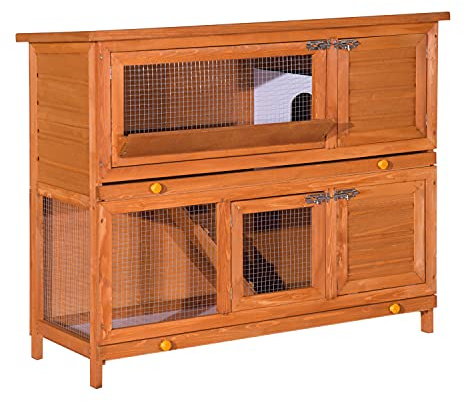 PawHut Cage à Lapin poulailler clapier en Bois de pin de Grande Taille avec 2 étages râtelier à Foin Toit ouvrant dim.120L x 48l x100H cm