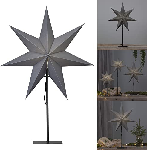 Star Trading Papierstern Stehend Beleuchtet - Standstern Ozenca Grau 55x75 cm mit Metallfuss - E14 Fassung - Weihnachtsdeko Fenster Innen - Adventsstern