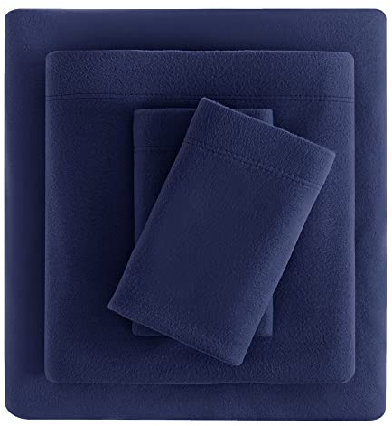 Viviland Plush Micro Fleece Queen Bed Sheet Set - Soft Fuzzy Polar Fleece Velour Velvet Sheets - Extra Warm Winter Fleece Bed Sheets with Deep Pocket - Navy - Queen
