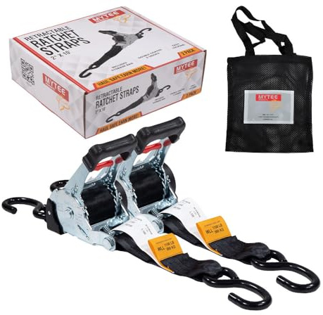 Mytee Products (2-pack) 5 cm x 25 cm automatiska indragningsspärrremmar | Snabba och enkla infällbara spärrremmar med belagda S-krokband för motorcyklar, fyrhjulingar, cyklar: Tät och säker pickup