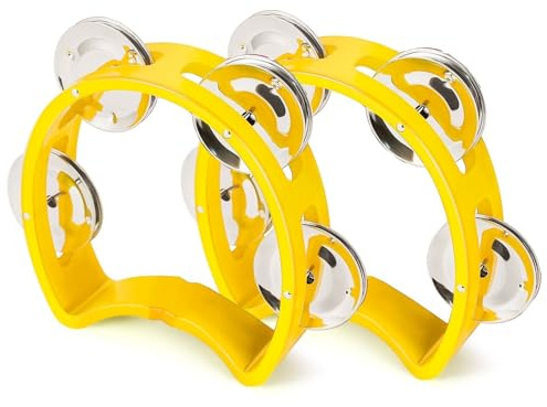 Flexzion Lot de 2 tambourins pour enfants avec clochette et percussions - Jaune - Jouet musical en forme de demi-lune - Avec 4 paires de clochettes en métal