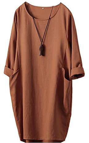 FTCayanz Donna Vestito Tunica T-Shirt Lino Abito Manica Lunga Mini Sciolto Abiti Elegante Arancia XXL