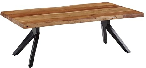 FineBuy Couchtisch Akazie Massivholz 115 cm rechteckig · Wohnzimmertisch mit Baumkante und schwarzem V-Gestell aus Metall · Handgefertigter Massivholztisch im modernen Industrial Design Braun