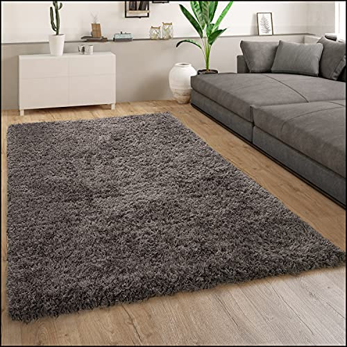 Paco Home Hochflor Teppich Wohnzimmer Flauschig Schlafzimmer Shaggy Modern Weich Einfarbiges Muster, Grösse:60x90 cm, Farbe:Anthrazit