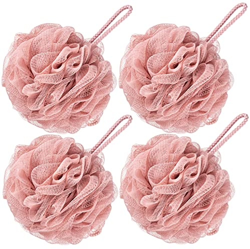 VANZAVANZU Badeluffa-Schwamm, 80 g, großer Duschschwamm, aus Netzmaterial, Körper-Peeling-Schwamm, für Damen und Herren, 4 Stück, Rose