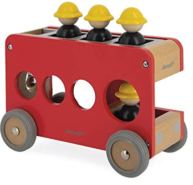 Janod J04632 Janod-J04632 Solid Wood Fire Engine Truck-4 Firefighters Included-Silent Wheels-Fine Imagination and Motor-FSC-Certified-Water Painted-for 2 Years and Above, Red