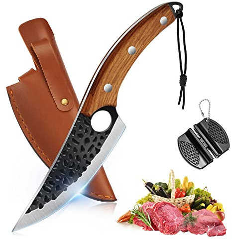 OOKUU Kochmesser Küchenmesser, Fleischerbeil Hackmesser mit Messerschärfer und Lederscheide, Profi Ausbeinmesser Scharfe Kochmesser im Japanischen Stil, Hackmesser für Outdoor Küche