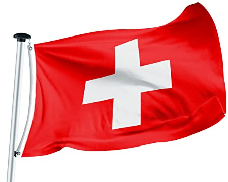 FLAGLY Premium Fahne Schweiz 100 x 150 cm - 115g/m² Stoffgewicht - handgefertigt, Robustes und witterungsbeständiges Glanzpolyester mit Ösen, Nationalfahnen (100 x 150 cm, Schweiz)