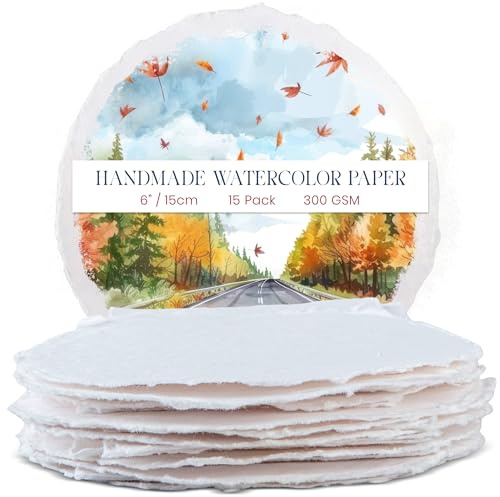 Wanderings Dicke Handgemachte Runde Aquarellpapier mit Büttenrand, 15 cm Durchmesser - 300 GSM - Premium Weißes Kaltgepresstes Strukturiertes Mixed-Media-Recycelter Baumwolle Papier - 25 Lose Blätter