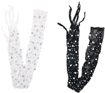 Tiardey 2 Paio di Guanti Lunghi a Rete con Strass con Strass Scintillanti Guanti da Opera alla Moda per Feste in Costume Anni '80 Accessori Cosplay di Halloween (Nero+Bianco)