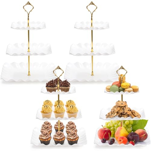 DEAYOU 4 Pack 3 Tier Plastic Cupcake Stand, White Square Dessert Tiered Serving Stand, Cake Pastry Display Tower Tray Platter Holder for Buffet, Cookie, Fruit, Table Decor, Party, Wedding, Birthday