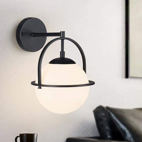 Alighting Wandleuchte Innen Kugel mit 18 cm Milchglasschirm | Wandlampe Schwarz Mid Century Modern Wandlampe Glas für Schlafzimmer Badezimmer Spiegel, E14