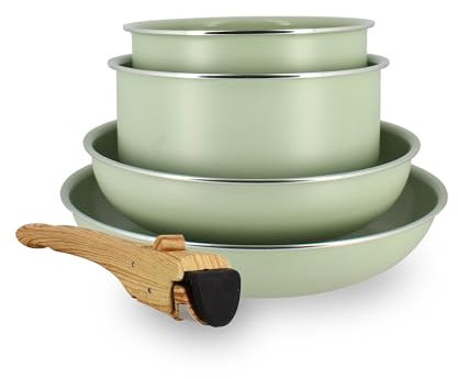 MENASTYL - Batterie de cuisine amovible revêtement antiadhésif céramique sans PFAS/PTFE - 2 poêles 22/26cm, 2 casseroles 16/18cm, 1 poignée - Tous feux dont induction – Alu recyclé Céladon - 6020589