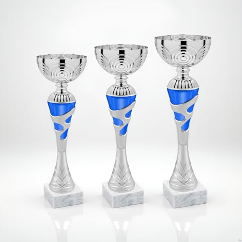 Tris Coppe Premiazioni – Set 3 Coppe Sportive 1°, 2° e 3° Posto in ABS con Base Marmo + Targhetta Personalizzata Omaggio