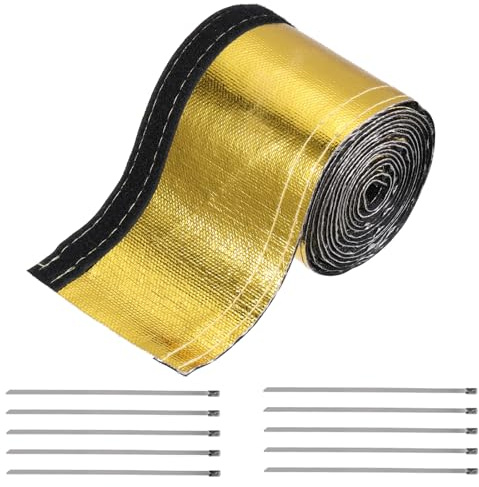 sourcing map Heat Shroud Sleeve Aluminized Gold Sleeving 25mm 1 Inch ID x 300cm 10FT Heat Cable Sleeving for Hose Wire Heat Protection with Hook&Loop,10PCS Stainless Steel Ties