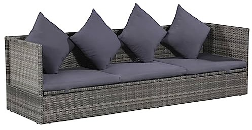 SECOLI Gartensofa mit liegefunktion 3 Sitzer Sonnenliege Gartenliege Balkon Sofa Liegesofa Sofabett Gartenbett Rattansofa Loungesofa Gartenbank Rattan Balkonmöbel-Grau-Typ 2