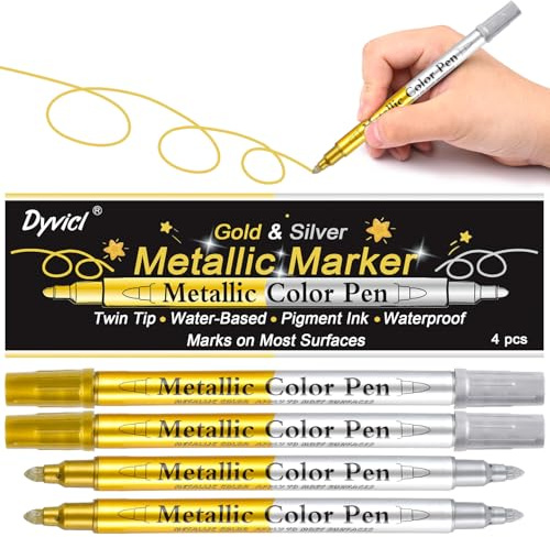 Dyvicl Metallic Marker Pens - 4 Pack Dual Tip Gold & Silver Paint Pens, Permanent Waterproof Markers for Rock Painting, Wine Glass, Scrapbook, Christmas Cards, DIY Crafts