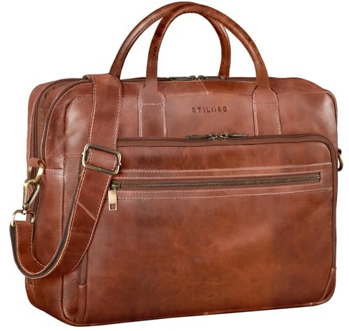STILORD Dawson Leder Aktentasche Umhängetasche mit Laptopfach 15,6 Zoll Vintage Bürotasche DIN A4 Notebooktasche Business Akten Tasche aus Echtem Leder Damen & Herren Farbe:Namibia - braun