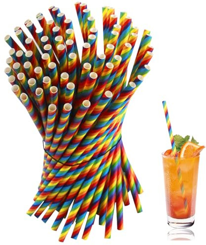 100Pcs Colorful Paper Straws, 7.7 Inch Rainbow Straws Recyclable Biodegradable Colorful Striped Straw Environmentally Friendly Disposable Drinking Straw for LGBQT Pride Day Birthday Christmas Party