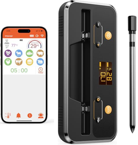Termometro Cocina, Apkezel Termometro Digital Cocina Inalámbrico con Aplicación, IP67 a Prueba de Agua Meat Thermometer, Termometro Carne para BBQ, Horno, Grill, Cocina, Asador