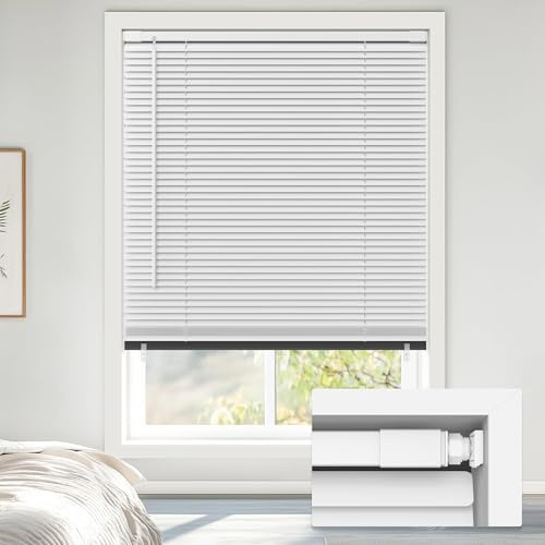 LazBlinds No Tools No Drill Cordless 1 Vinyl Mini Blinds, 100% Blackout Blinds for Indoor Windows, Room Darkening Privacy Window Blinds and Shades for Interior, 34 W x 48 H, White