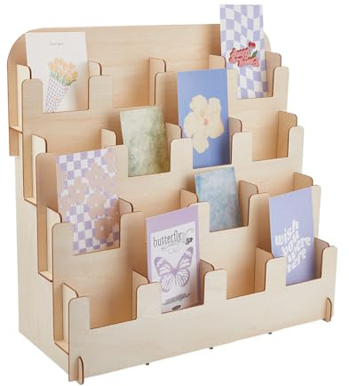 SUPERFINDINGS Holz Display Ständer Präsentationsständer Aus Holz 4 Stöckiger Display Aufsteller Counter Retail Display Rack Postkartenständer Für 9x9cm Postkarten Broschüren Fotos Bilder