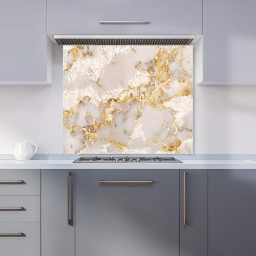 Premium Gold And White Quartz Effect Kitchen Splashback 6mm Toughened Glass Kitchen Splashback – Heat Resistant Splashback for Kitchens, Perfect for Cookers and Hobs, Polished Edges
