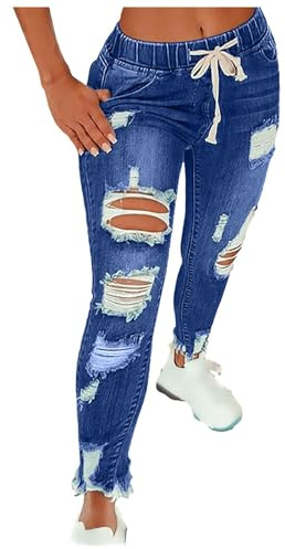 Womens Cuffed Ankle Jeans Ladies Ripped Jeans Elasticated Waist Pull On Tummy Control Distressed Denim Pants Stretch Drawstring Joggers Sweatpants Activewear Trousers with Pocket