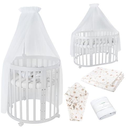 waldin Babybett Oval 7in1, Matratze, Rollen, Regal, Weiß | Weiß Löwenzahn, Mitwachsend, Beistellbett aus Holz, Wiege optional