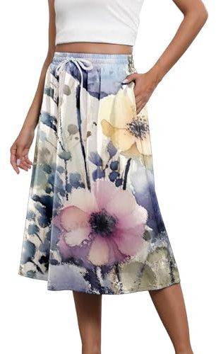Klassischer A-Linien-Rock für Damen, Maxiröcke, Boho-Röcke für Damen, trendiger Sommer, fließend, Blumen-Midi-Röcke mit Taschen, leichter Kordelzug, hohe Taille, lange schwarze Röcke für Damen, rose,