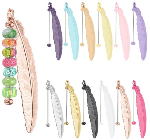 PATIKIL Beadable Bookmarks, 12 Pcs Beaded Bookmark Vintage Feather DIY Metal Blank Bar Bulk for Bookmark DIY Making Craft, Beading Pendant Charm, Multicolored