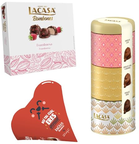 Pack Lacasa bombones corazón mr wonderfull 60G & bombones surtido lata 180 G & bombones frambuesa 200 g