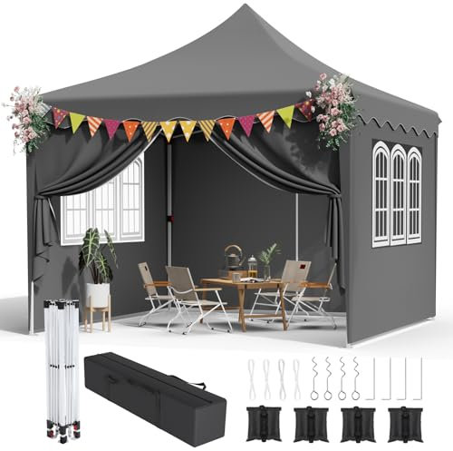 LIFERUN Pavillon 3x3 wasserdicht stabil Winterfest, Faltpavillon mit 4 Seitenwänden, 4 Sandsäcke 8 Erdhaken Packung, Pop Up Faltbar Partyzelt, Pavillon Das Spitzdach, für Party, Camping, Outdoor, Grau